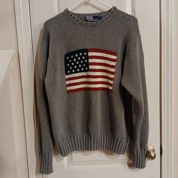 Vintage 90s Polo Ralph Lauren grey knit sweater with American flag size large - Picture 1 of 7